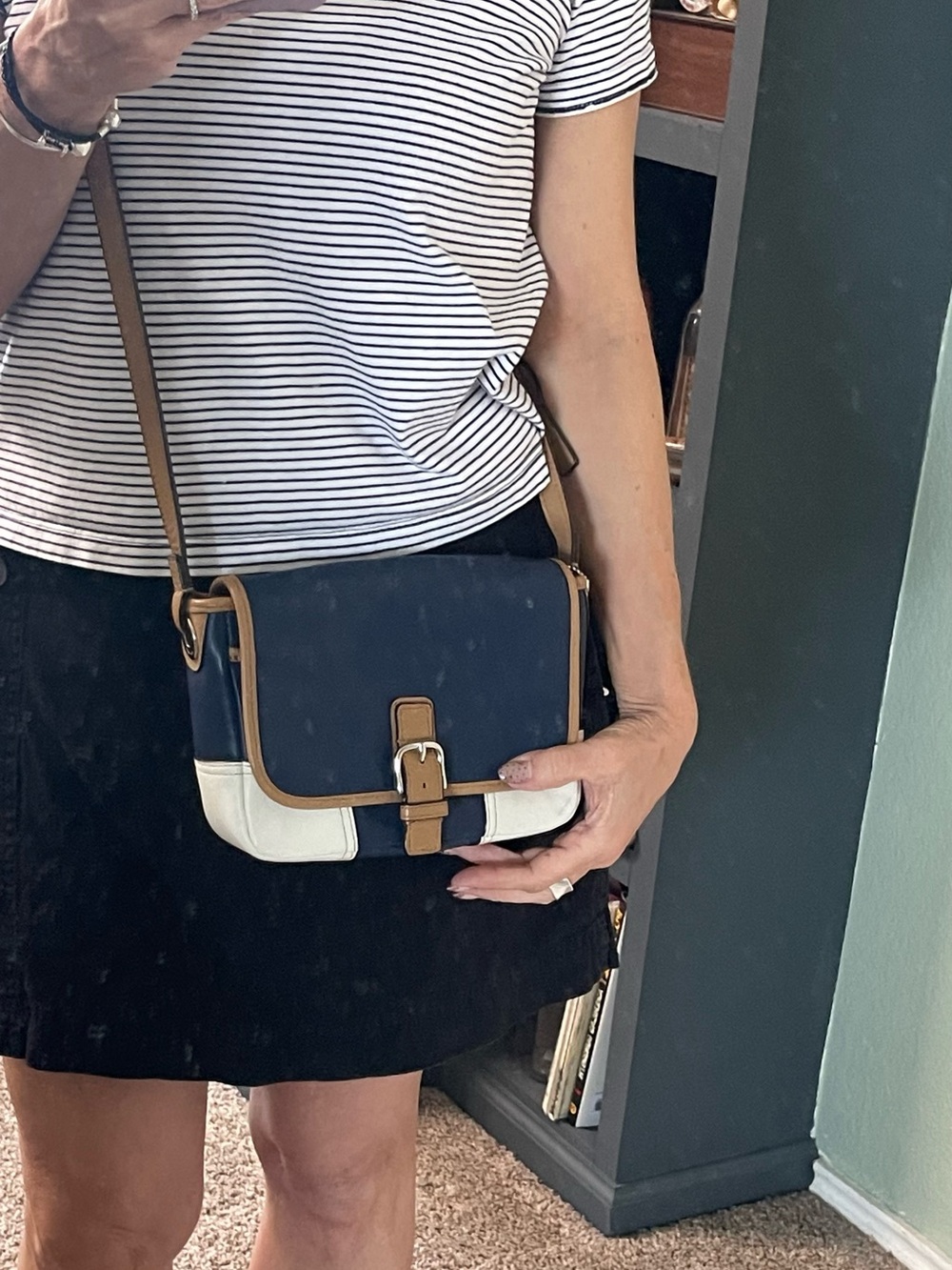 Coach Hadley leather crossbody bag in a navy, tan, and white colorblock design. - Picture 10 of 11
